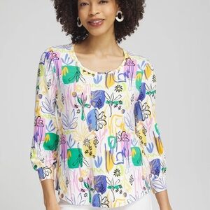 Chico’s Touch Cool Surreal Smock Long Sleeve Tee Size Large Colorful Knit Size 2